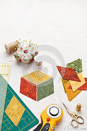 Accessories for quilting top view on a white surface. Space for text Stock Photo