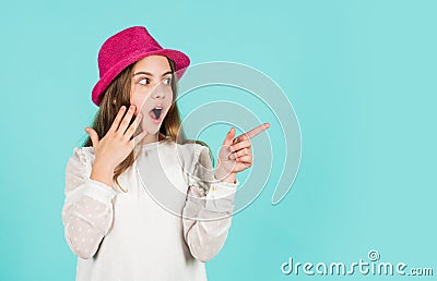 Accessories shop. Fancy girl shopping. Shopping tour sales season. Spring shopping. Individual style. Girl wear hat blue Stock Photo