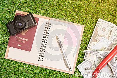 Accessories for travel. passport,camera,us dollar banknote Stock Photo