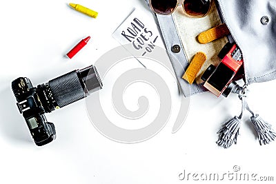 Accessories for treveling with children, camera and toys on whit Stock Photo