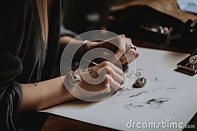 accessory and jewelry designer sketching designs for upcoming collection Stock Photo