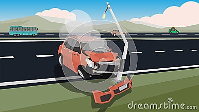 Accident of car on the highway. Passenger car lost its foothold on the side of the road. Vector Illustration