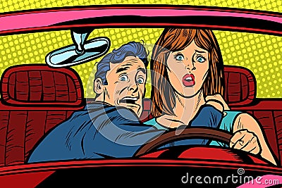 Accident car road. Funny man and woman driver Vector Illustration