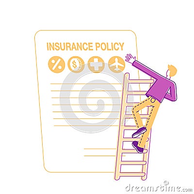 Accident Insurance and Life Protection Concept. Man Falling from High Ladder front of Huge Policy Paper Document Vector Illustration