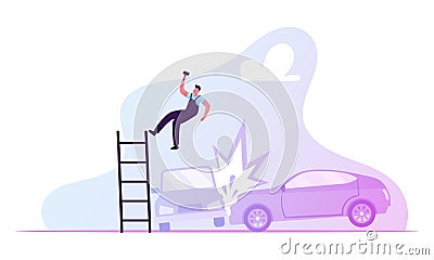 Accident Insurance and Life Protection Concept. Worker Falling from High Ladder, Cars Smash on Road. Life, Health Vector Illustration