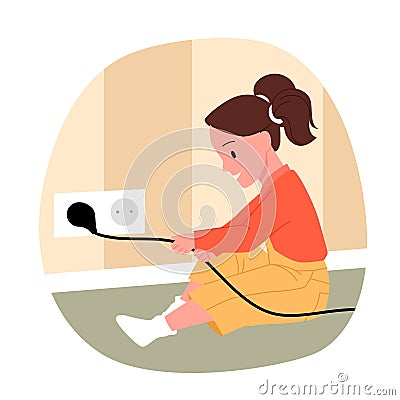 Accident with naughty child and dangerous electric socket, baby kid holding wire to play Vector Illustration