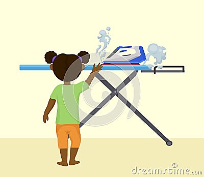 Accident risk with child and hot iron vector illustration. Little girl reaches iron with steam. Burns and fire huzard Vector Illustration