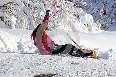 Accident risk when snow shovels Stock Photo