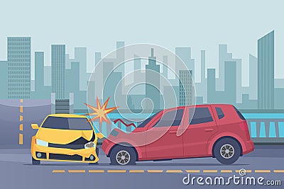 Accident road background. Damaged spped cars in urban landscape emergency help broken transport vector pictures Vector Illustration