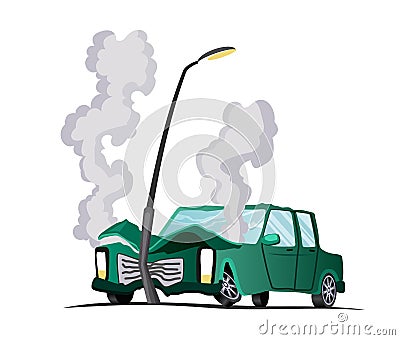 Accident on road. Car encountered an lantern. Illustration of crash vehicle, damage auto. Insurance case. Vector broken Vector Illustration