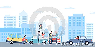 Accident on road in city. Driver help, transport damage. Personal car crash, traffic police writes a fine Vector Illustration