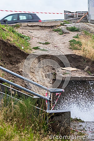 Accident sewerage system. Water supply failure. Breakthrough of the water supply system. Stock Photo