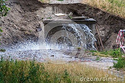 Accident sewerage system. Water supply failure. Breakthrough of the water supply system. Stock Photo