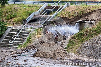 Accident sewerage system. Water supply failure. Breakthrough of the water supply system. Stock Photo