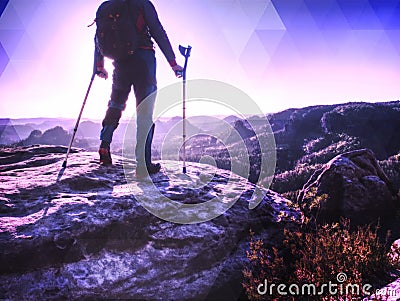 Accident tourist man walk by crutches on path while travel Stock Photo