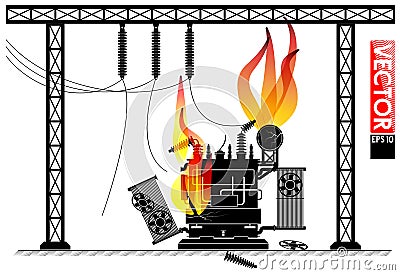 Accident at the transformer substation. Fire on the transformer. Power outage. Blackout news. Vector Illustration