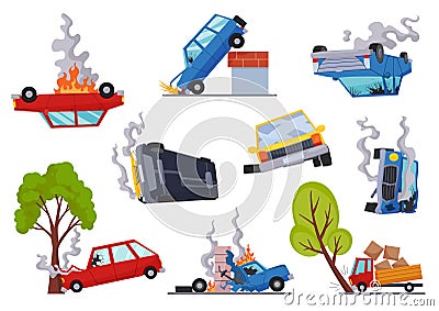 Accidents on road cars damaged. Road accident icons set with car crash symbols flat isolated. Damaged vehicle insurance Vector Illustration