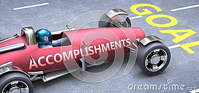 Accomplishments helps reaching goals, pictured as a race car with a phrase Accomplishments on a track as a metaphor of Cartoon Illustration