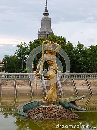 Phra Mae Thorani Statue at the Buddhist Monastery in Oudong Cambodia Editorial Stock Photo