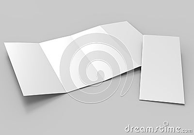 Accordion fold vertical brochure, eight page leaflet or brochure mockup, concertina fold. blank white 3d render illustration. Stock Photo