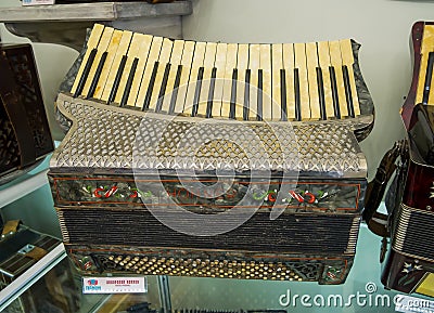 Accordion `HOHNER`, Germany, 1930, Grandfather Filimon`s accordion museum, Tula Editorial Stock Photo
