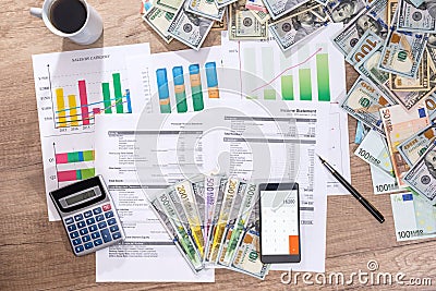 Account annual budget in office. dollar qand euro Stock Photo