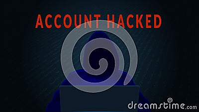 Account hacked concept with silhouette of hacker and computer on dark digital background. Vector Illustration