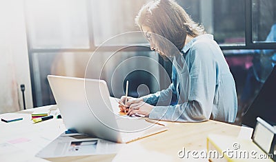 Account manager working picture.Photo young business woman work with new startup project in office.Analyze document Stock Photo