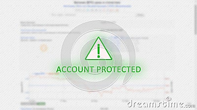 Account protected concept with an exclamation mark in a green triangle on a light background of blurry bitcoin graphics. Stock Photo