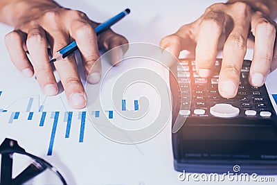 Account working calculator, profit or graph economy on tables in office at home, top view Stock Photo