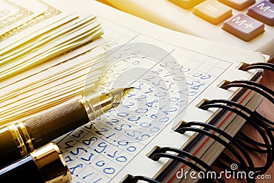 Accountancy calculation concept. Accounting book with pen. Stock Photo