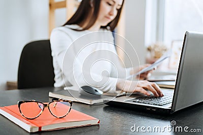 Accountant, auditor prepare and examine financial records. Remote Online Accounting Finance Jobs. Stock Photo