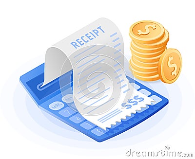 The accountant calculator, paper bill payment, stack of coins. Vector Illustration