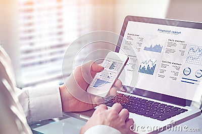 Accountant working on consolidated financial report of corporate operations, consultant auditing finance data balance sheet, Stock Photo