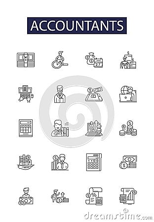 Accountants line vector icons and signs. accountant, office, business, finance, computer, desk, tax,calculator outline Vector Illustration