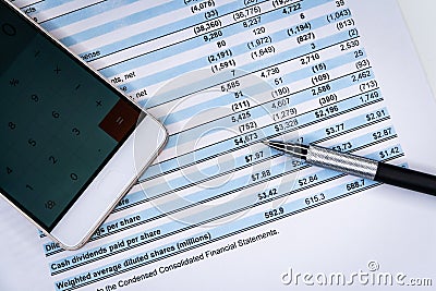 Accounting business. Calculator with accounting report and financial statement Stock Photo