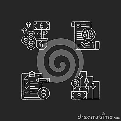 Accounting chalk white icons set on black background Cartoon Illustration