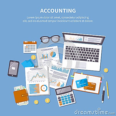 Accounting concept. Financial analysis, tax payment. Vector Illustration