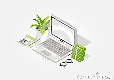 Accounting Concept - Mock Up with Laptop, Money and Calculator Stock Photo