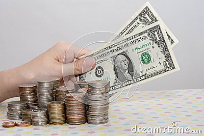 Accounting concepts present by Female hand counting baht bills behind money coin stacks on white Stock Photo