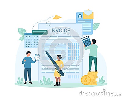 Accounting process, invoice and tax declaration management by tiny accountants with pen Vector Illustration