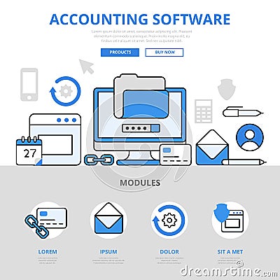 Accounting software app application concept flat line art vector icons Vector Illustration