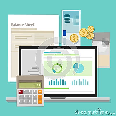 Accounting software balance sheet money calculator application laptop Vector Illustration