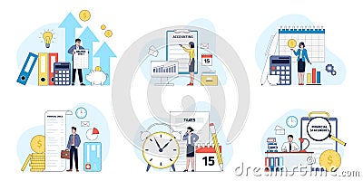 Accounting and tax. Taxes calculation, finances declaration. Business balance, businessman with receipt. Banking Vector Illustration