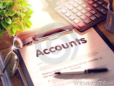 Accounts - Text on Clipboard. 3D. Stock Photo