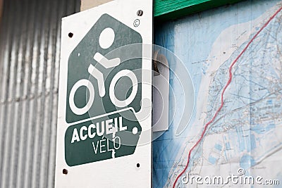 Accueil velo means in french bike cycle bikers welcome sign in shop on bikeway Editorial Stock Photo