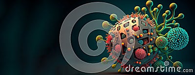 Accumulation of bacteria and viruses of various shapes and colors on the dark background, banner. Concept of science and medicine Stock Photo