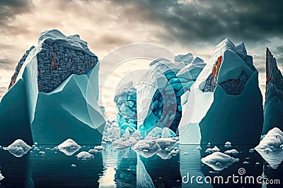 accumulation of floating icebergs near stone ledges against background of small mountains and cloudy sky Stock Photo
