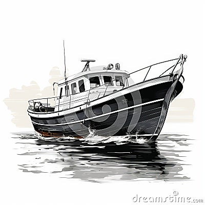 Accurate And Detailed Fishing Boat Sketch In Gray And Black Cartoon Illustration
