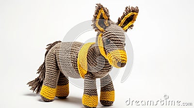 Accurate And Detailed Knitted Donkey Toy With Yellow Accents And Black Ribbons Stock Photo